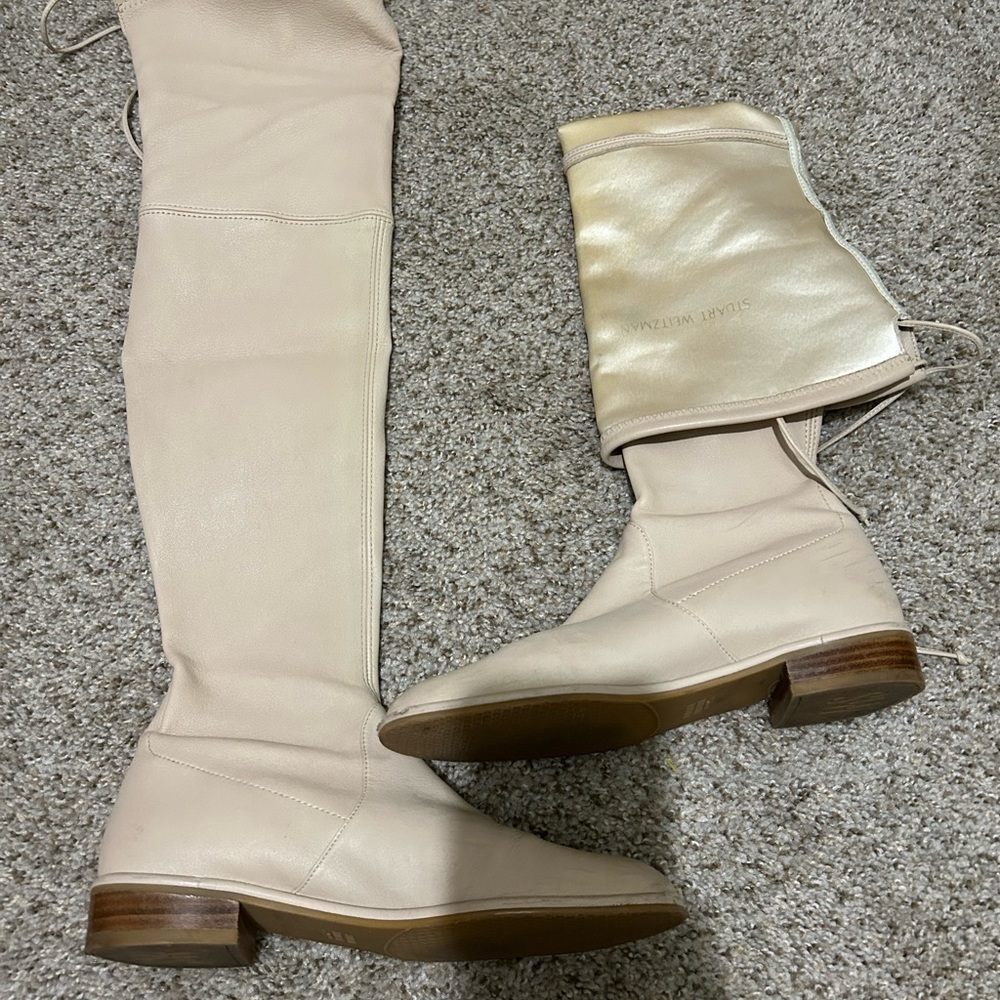 Stuart Weitzman thigh high cream leather boots